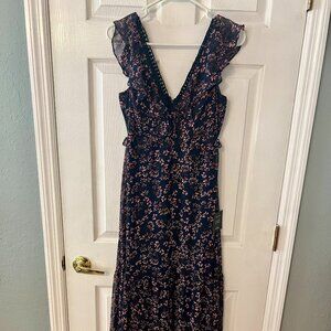 NWT Lulus Darling Daydream Navy Blue Floral Print Ruffled Maxi Dress Size Small